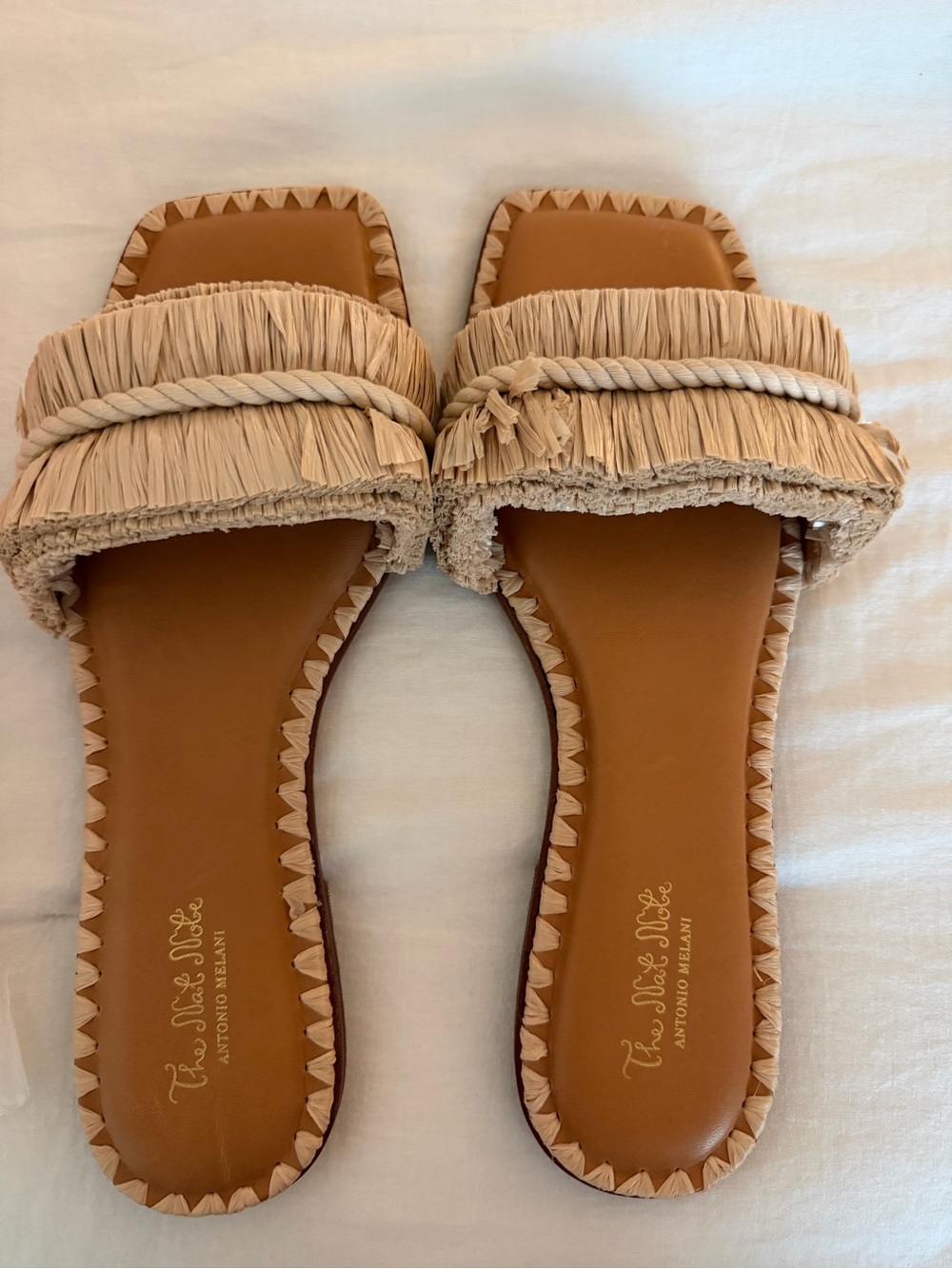 ANTONIO MELANI Beige Raffia Fringe Slide Sandals